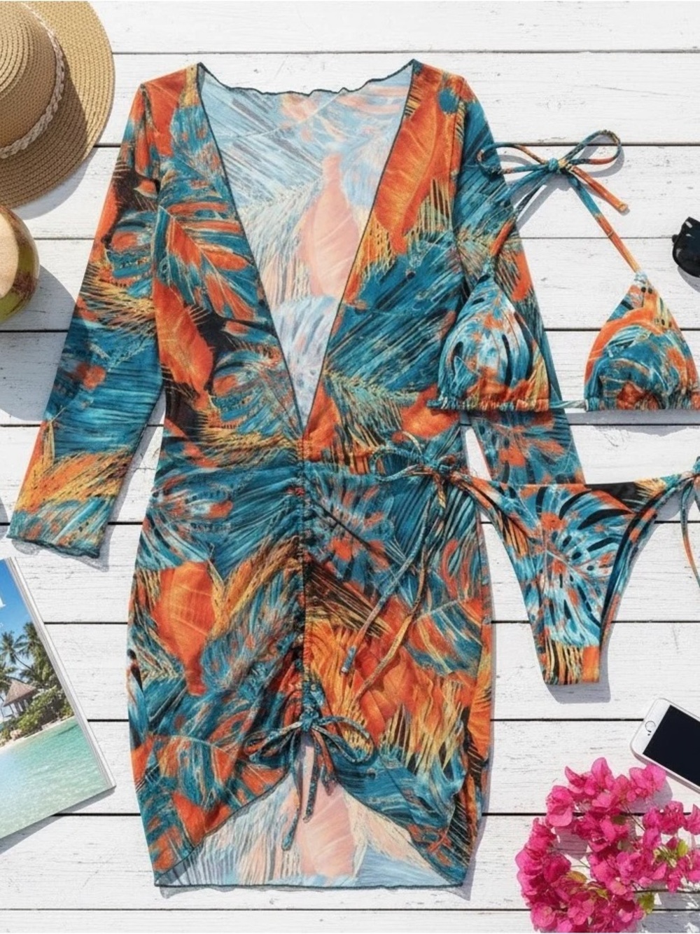 Roxylicia Teal & Orange Tropical Ruched Bikini Dress Large 🔥🩵🔥🩵🔥 - Picture 7 of 8